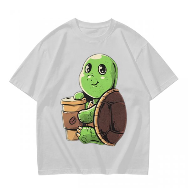 Olive Green T-Shirt With Cute Turtle Holding Coffee Cup Print