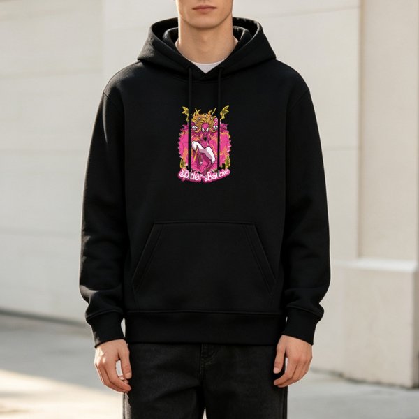 Black Hoodie with Spider-Barbie Graphic Print