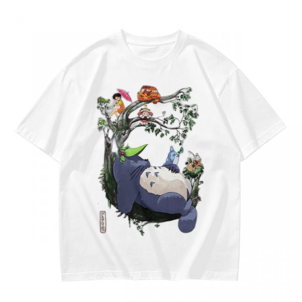 Olive green t-shirt with My Neighbor Totoro forest scene print