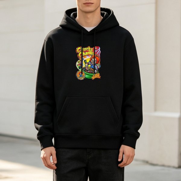 Black hoodie with Chucky Charms horror cereal graphic print