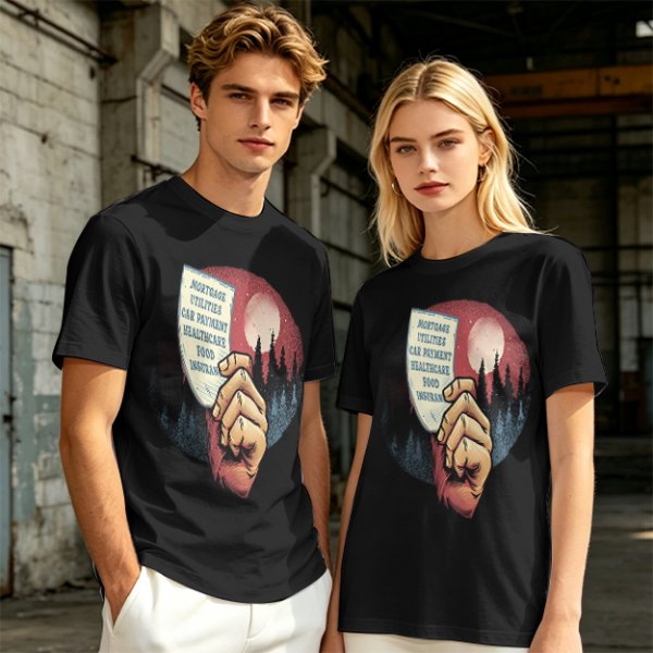 Olive T-Shirt With Hand Holding Bill Of Monthly Expenses Art