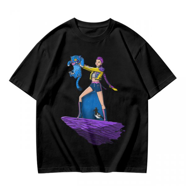 Olive T-shirt with Art Print of Girl Holding Blue Creature on Floating Rock