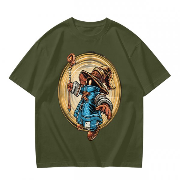 Olive T-Shirt With Fantasy Wizard Character Graphic Print