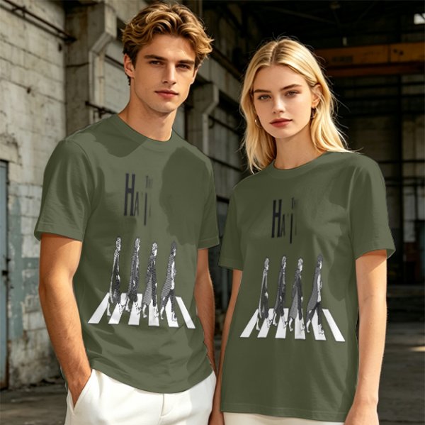 Olive T-Shirt With Anime Characters Crossing Crosswalk Print