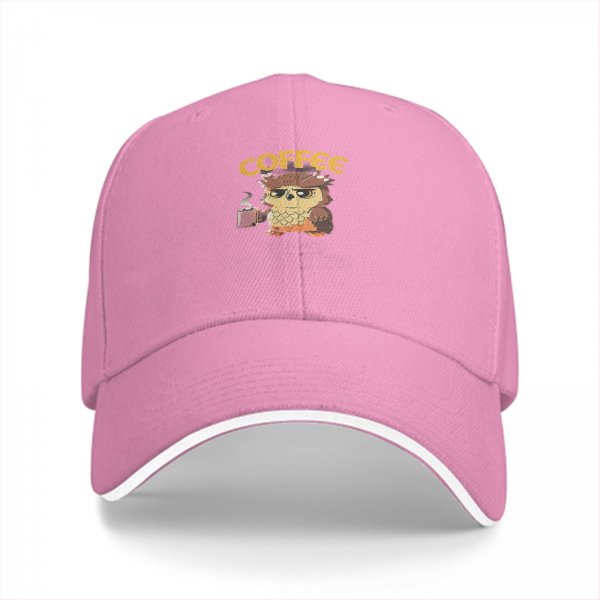 Black baseball cap with grumpy owl holding coffee and 'COFFEE' text