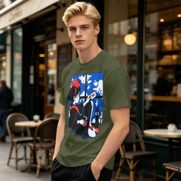 Olive t-shirt with Kiki's Delivery Service window print of girl reading letter