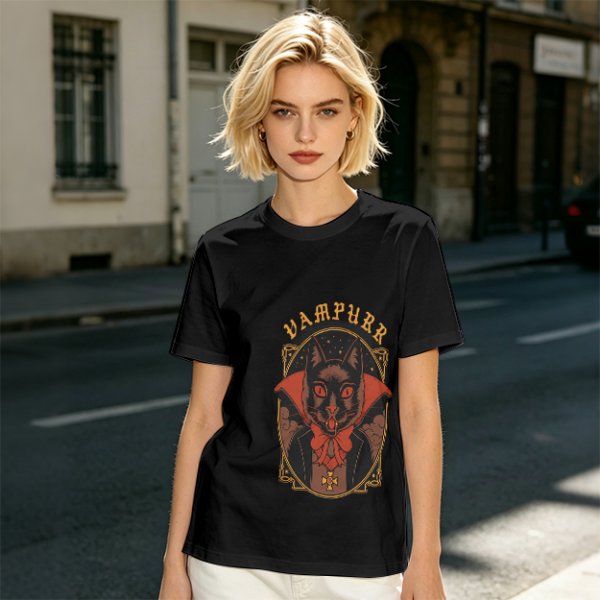 Olive T-Shirt with Vampurr Black Cat Vampire Graphic