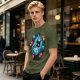 Olive t-shirt with space astronaut cat and goldfish graphic