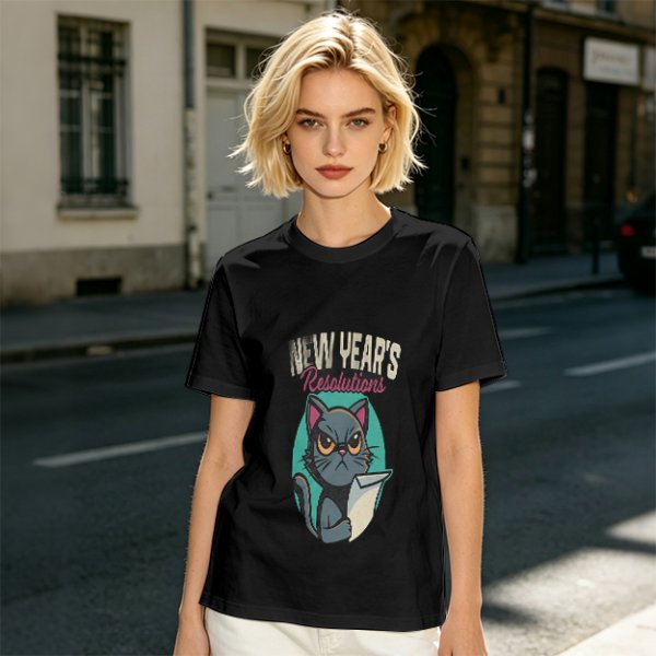 Olive green graphic t-shirt with grumpy cat holding New Year's resolutions