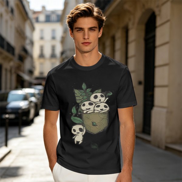 Olive T-shirt with Kodama Tree Spirits in Pocket and Leaves Print