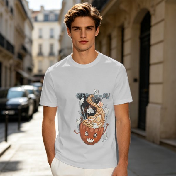 Olive green t-shirt with pumpkin ramen and ghost graphic print