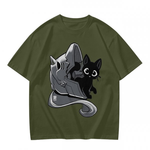 Olive Green T-Shirt With Black Cat Peeking From Knight Helmet Art