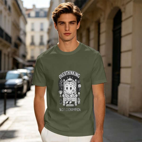 Oversized Army Green T-Shirt with Overthinking World Champion Brain Graphic