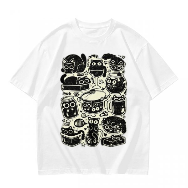 Olive Green T-Shirt With Playful Black Cats In Kitchenware Print
