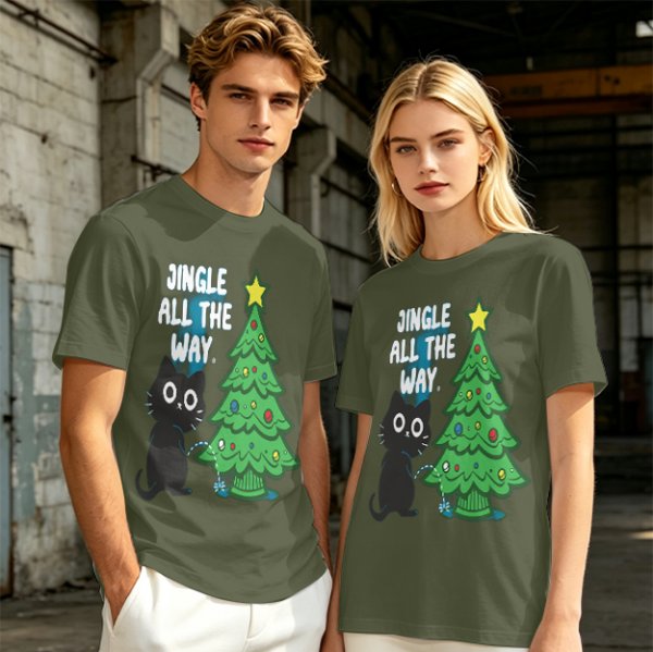 Olive Christmas Cat T-Shirt with Jingle All The Way Print