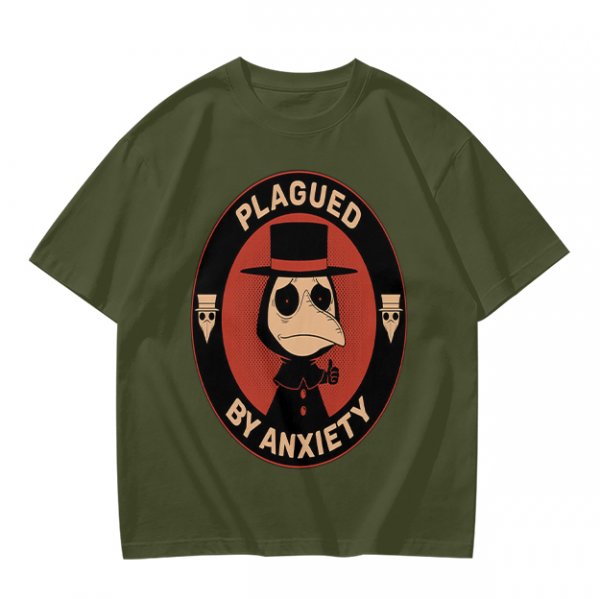 Olive T-Shirt With Plagued By Anxiety Plague Doctor Graphic