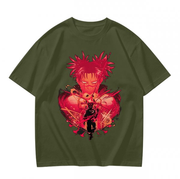 Olive Anime Graphic T-Shirt With Spiky Red Haired Character Art