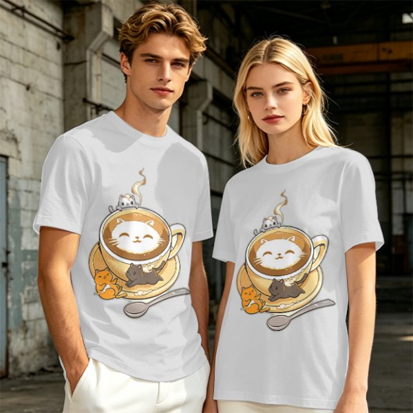 Olive Green T-Shirt With Cute Cat Latte Art And Kittens Print