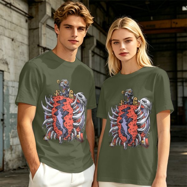 Olive T-Shirt with Dark Fantasy Monster Skeleton Art Print