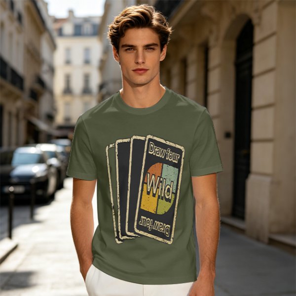 Olive T-Shirt with Retro Uno Wild Draw Four Card Graphic