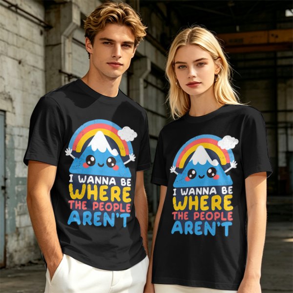 Olive graphic tee with cute mountain rainbow and 'I Wanna Be Where The People Aren't' text
