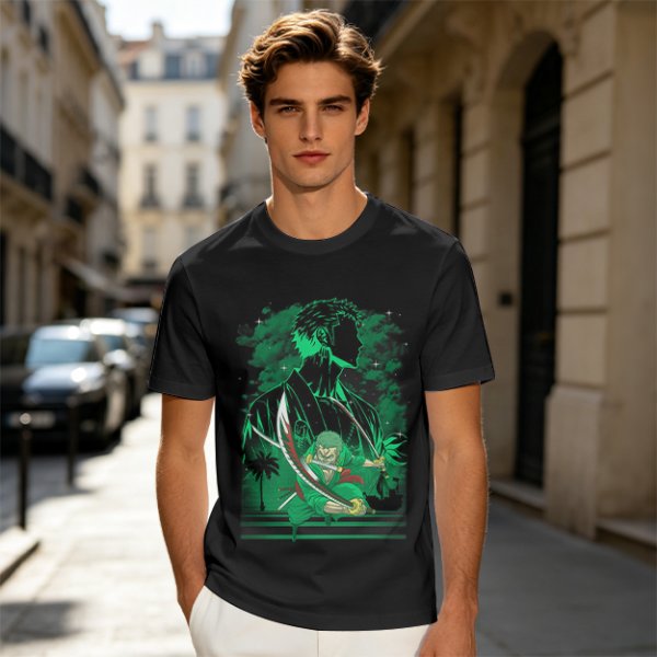 Olive Green Anime T-Shirt With Swordsman Character Artwork