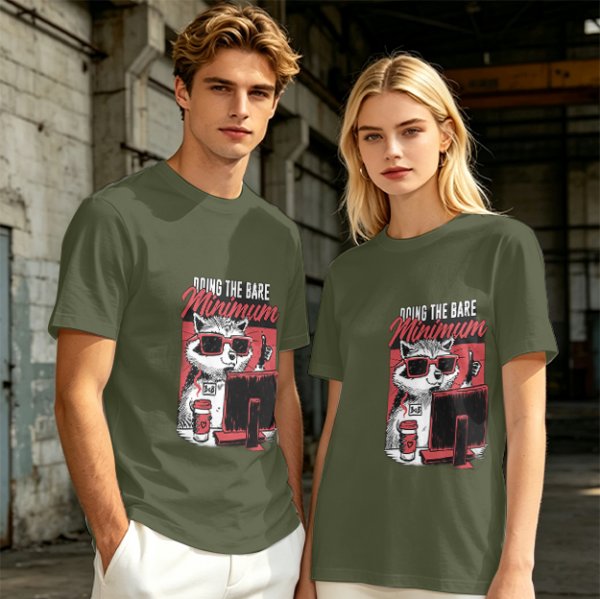 Olive graphic t-shirt with raccoon doing the bare minimum at computer