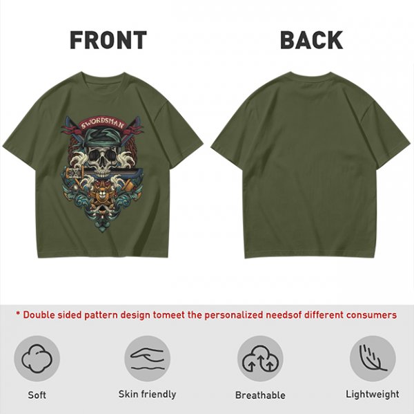 Olive Green Swordsman Skull Graphic Short Sleeve T-Shirt