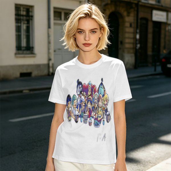 Olive T-Shirt with Anime Character Group Coffee Print