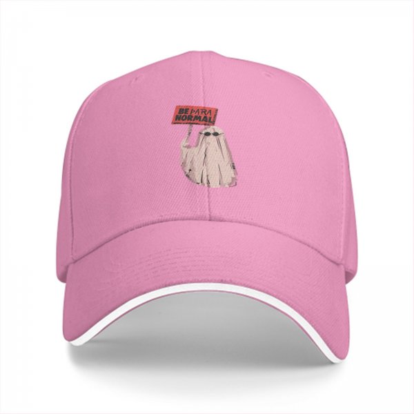 Black baseball cap with a ghost holding a 'Be Paranormal' sign