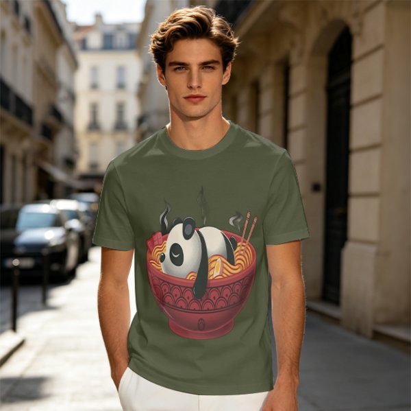 Olive green t-shirt with a panda relaxing in a steaming ramen bowl print