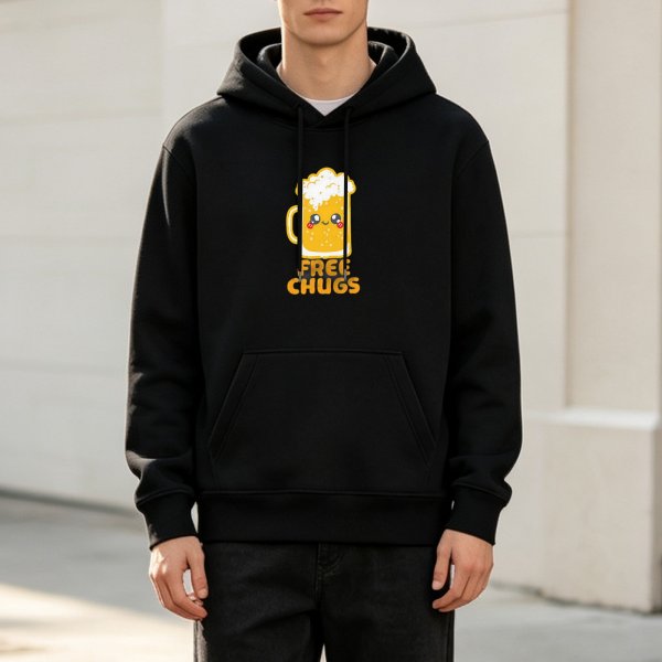 Black hoodie with cute beer mug graphic and 'FREE CHUGS' text