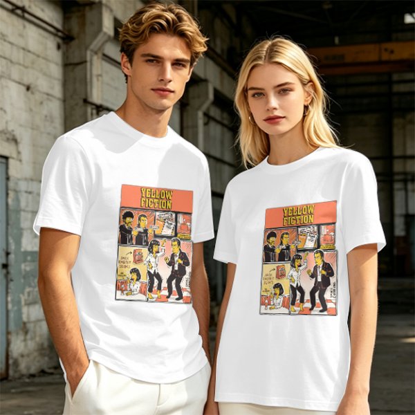 Olive green t-shirt with Yellow Fiction Simpson-style Pulp Fiction dance print