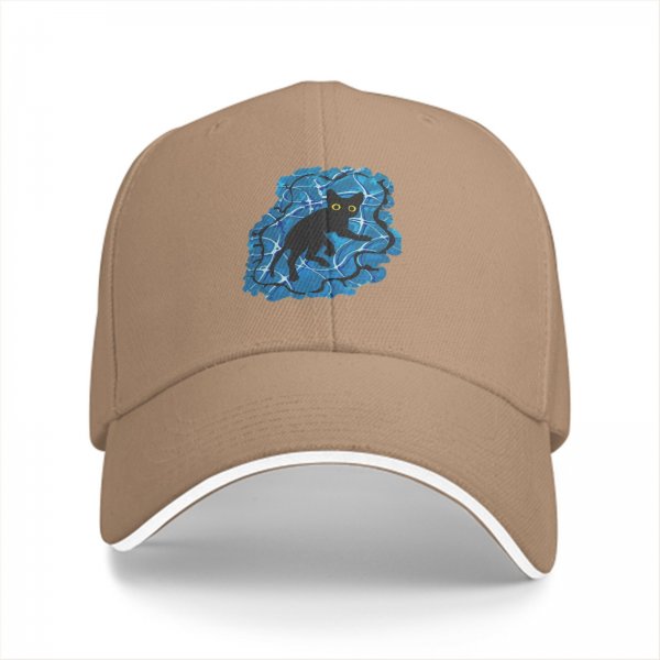 Black Baseball Cap With Playful Black Cat On Blue Abstract Background