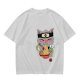 Olive green t-shirt with a ninja cat eating ramen graphic
