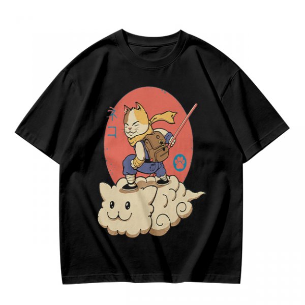 Olive T-shirt with a cat warrior riding a flying cloud graphic