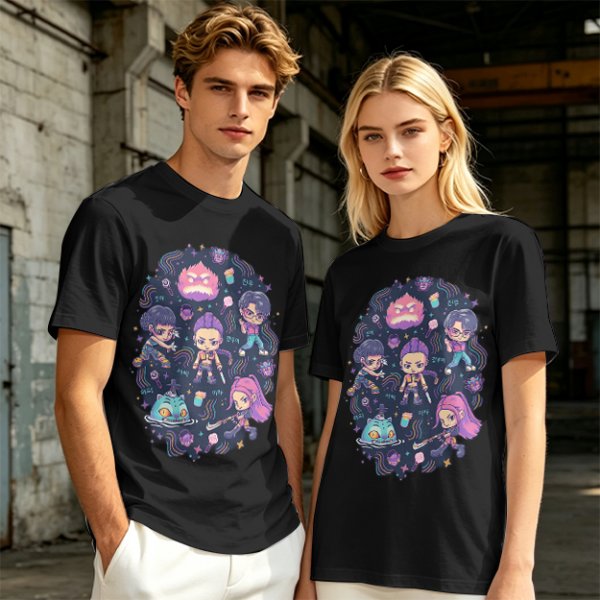 Olive T-shirt with Chibi Fantasy Characters and Whimsical Art Print