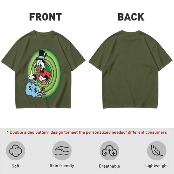 Olive T-Shirt Featuring Scrooge McDuck with Money Bags and Coins