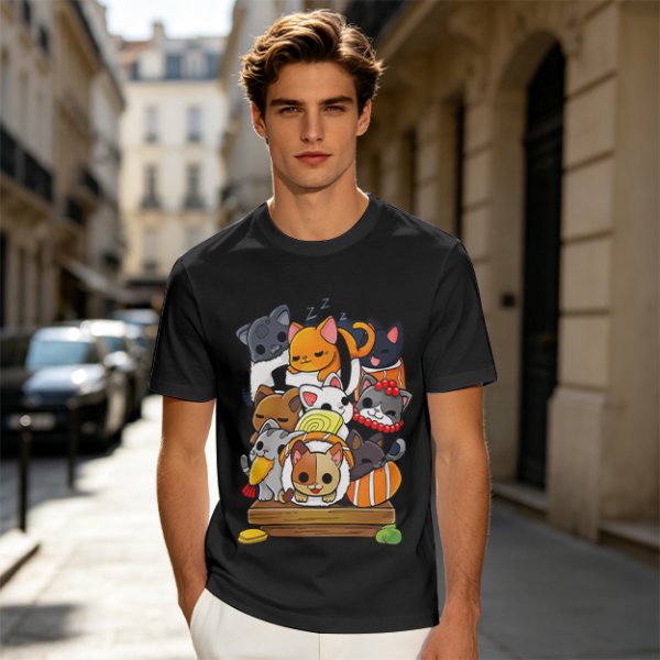 Olive T-Shirt With Cute Sushi Cat Stack Graphic Print