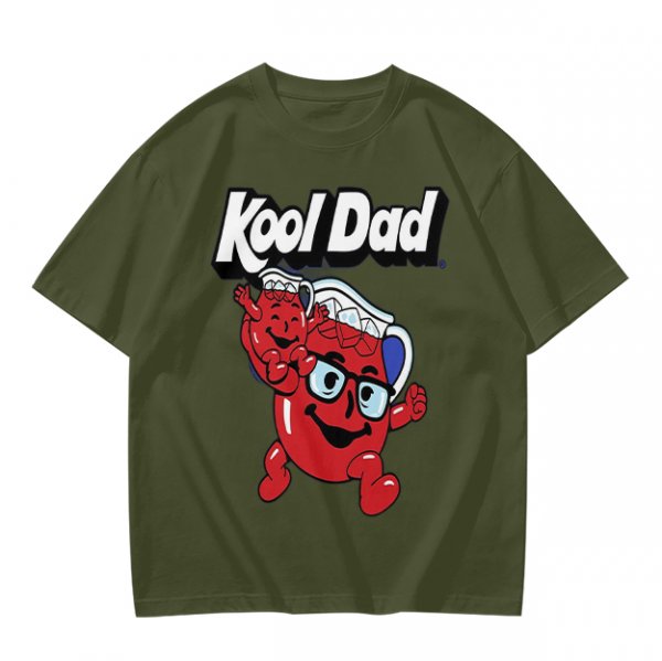 Olive green graphic t-shirt with Kool Dad and Kool-Aid mascot print