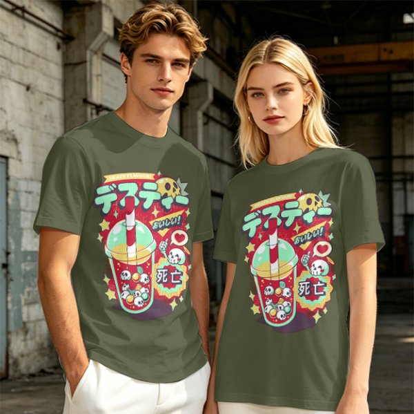 Olive t-shirt with spooky skull bubble tea graphic and Japanese text