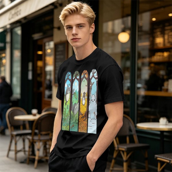 Olive T-Shirt With Stained Glass Style Four Seasons Forest Creature Art