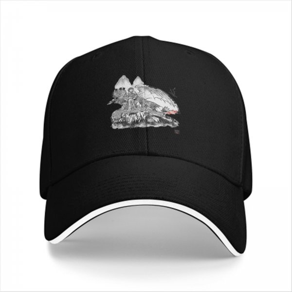 Black Baseball Cap With Detailed Monochrome Dragon Art Print