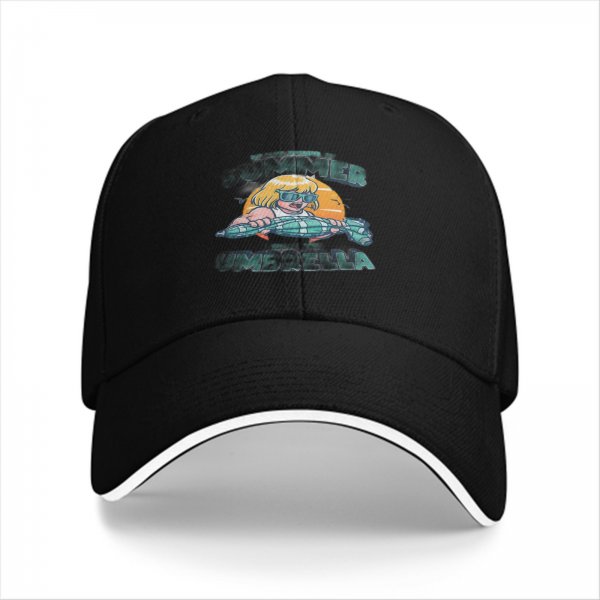 Black baseball cap with summer umbrella graphic and retro sun design