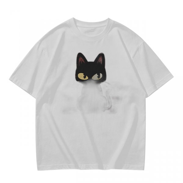 Olive Green T-Shirt With Black Cat Head Graphic Print