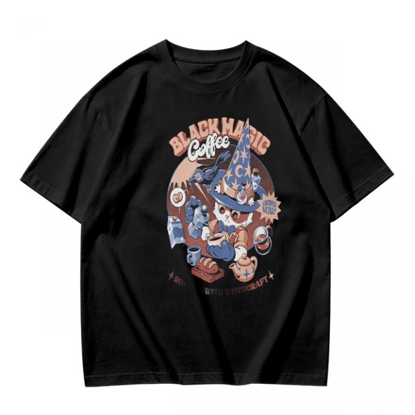 Olive T-Shirt with Black Magic Coffee Wizard Cat Graphic