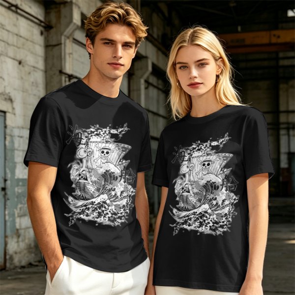 Olive T-shirt with One Piece Going Merry Ship Ink Art Print