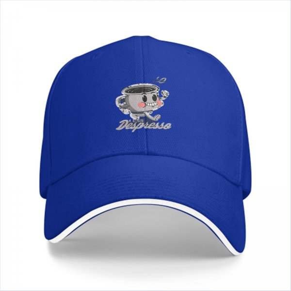 Black baseball cap with 'No Less Despresso' coffee cup graphic