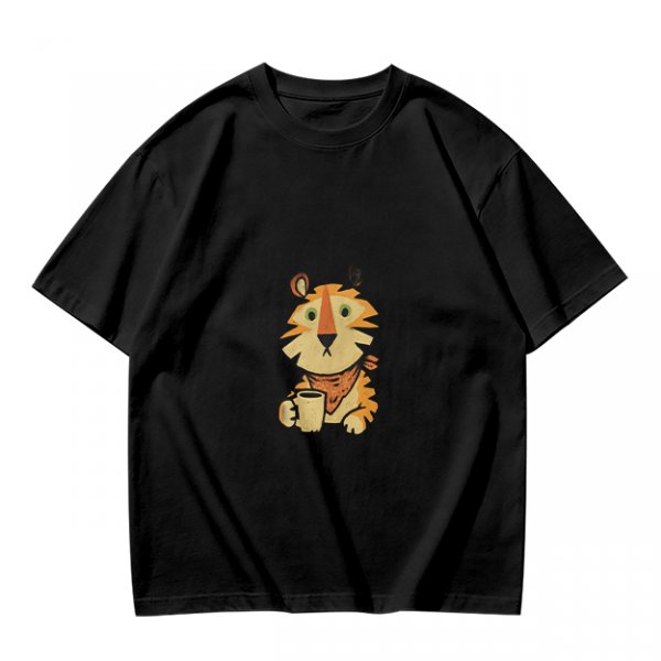Olive Green T-Shirt with Cute Tiger Holding Coffee Mug Print