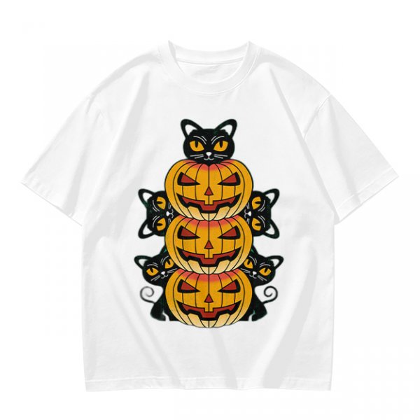 Olive Halloween T-Shirt with Stacked Jack-o'-Lanterns and Black Cats